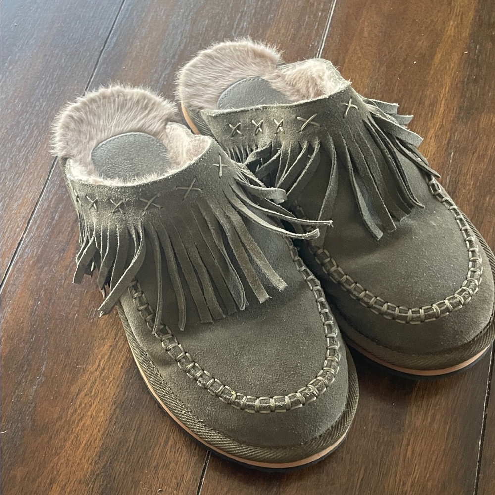 Free People Khaki Fringe Suede Mules